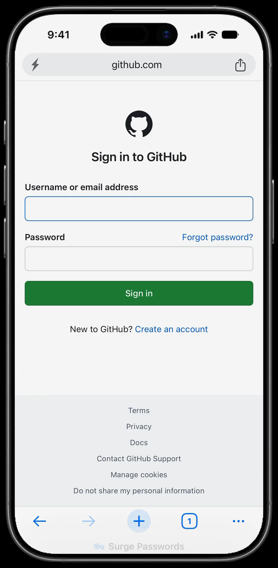 Signing in to GitHub with Surge for iPhone