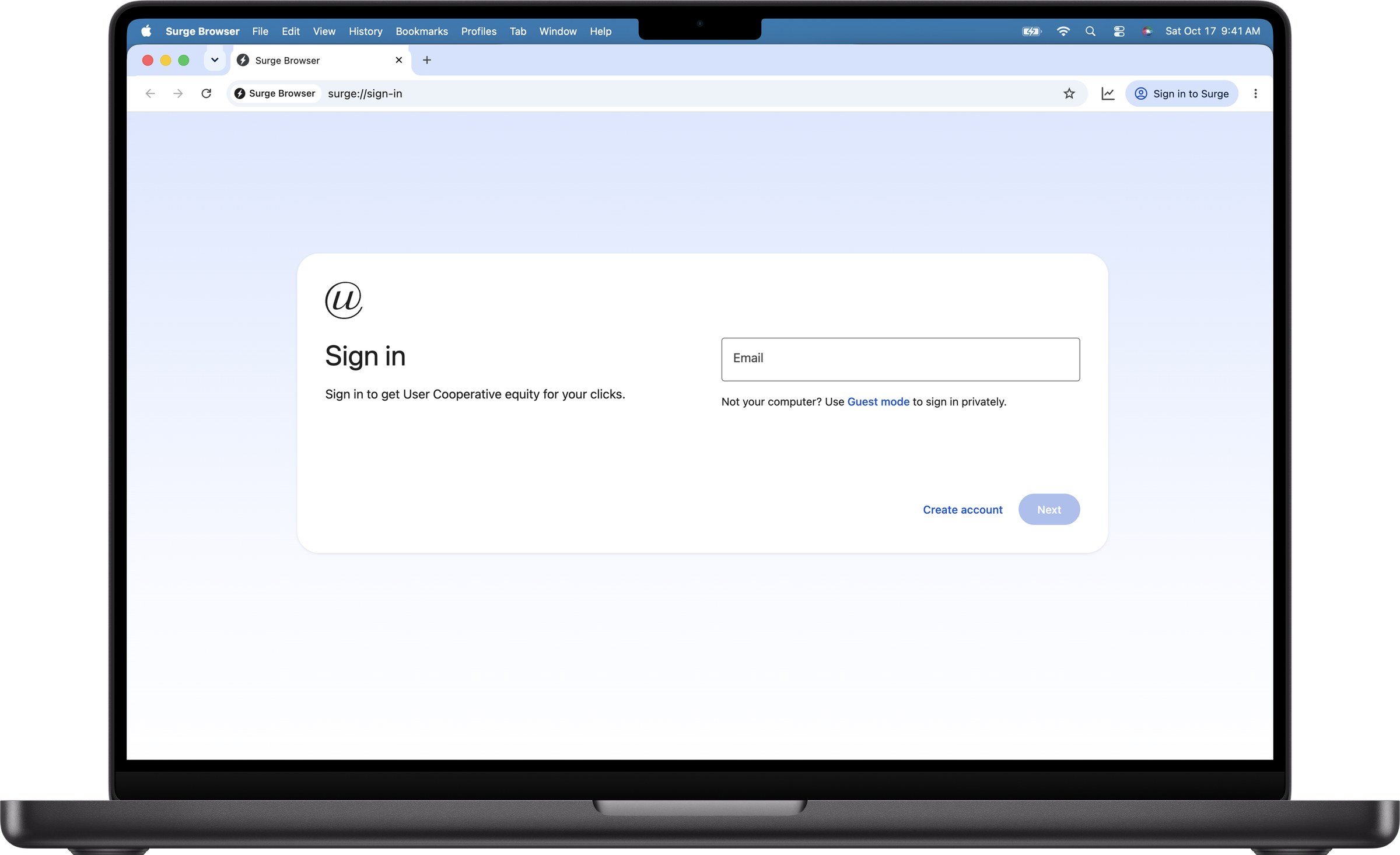Surge’s native sign-in card on a MacBook Pro